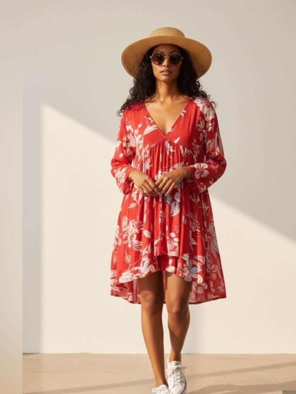 Red and white floral Free People top/ Dress Sz Medium